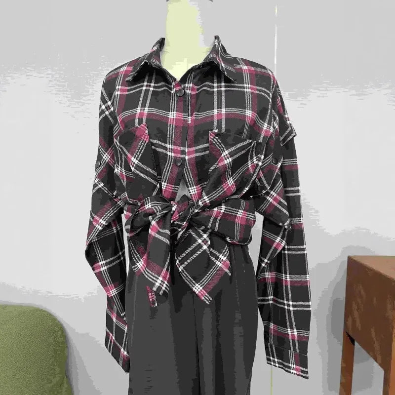 Women's Spring Blouse Jacket Shirt Checkered Short-sleeved Pocket