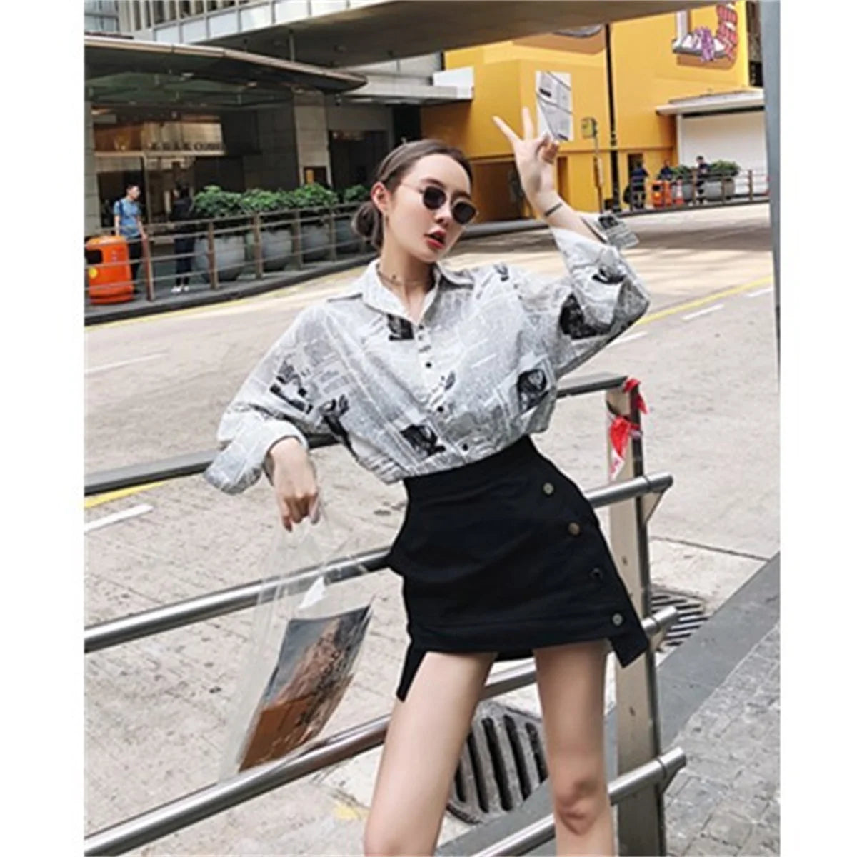 Trendy Shirt Blouse Simple Thin Newspaper Print Shirt Summer Loose