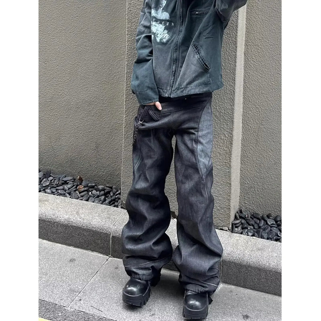 Men's 2025 Fall Trendy Streetwear Black Gray Straight Leg Denim Jeans