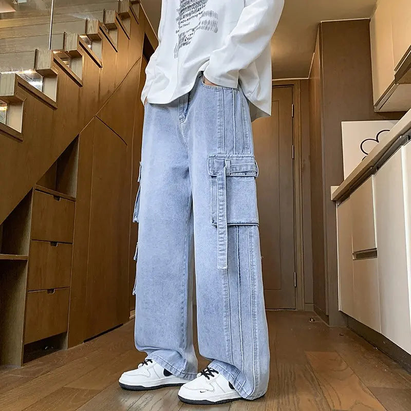 Autumn New Men's Loose Jeans Multi-pocket Work-wearing Jeans Street