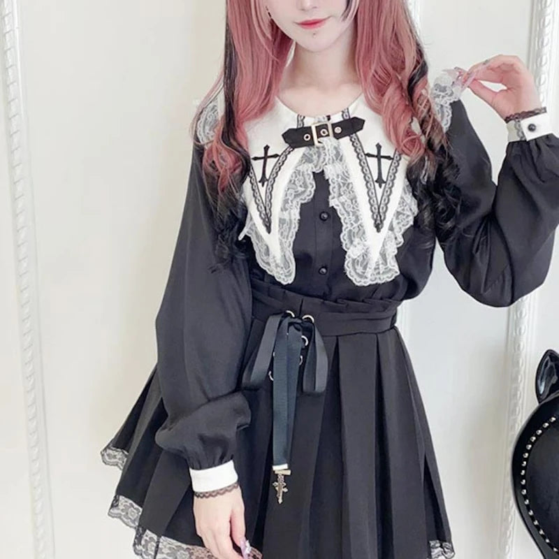 Victorian Gothic Lolita Blouses Japanese Sweet Lace Ruffles Embroidery