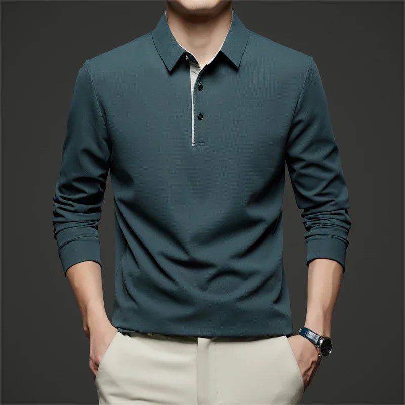 New Men's Business Casual  Long Sleeve Solid Color Polo Shirt