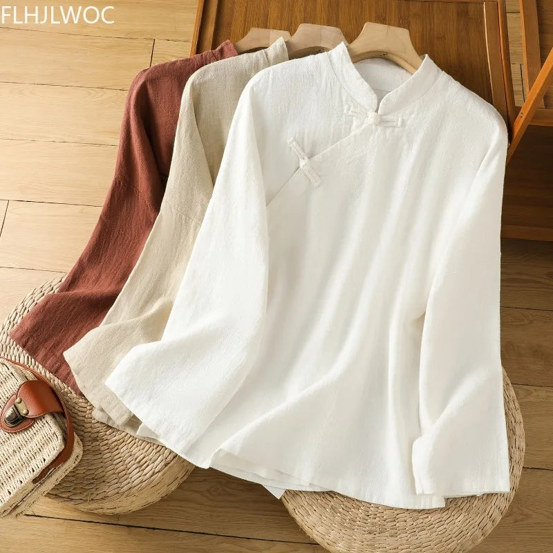 Cotton Linen Tops Chinese Style Chi-pao Collar Design 2025 Autumn