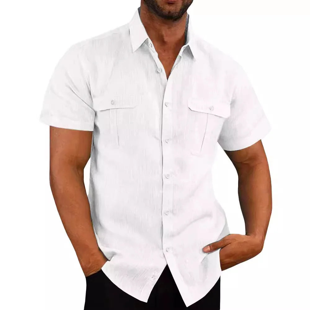 Men's Shirt Double Pocket Cotton Linen Short Sleeve Shirts for Men