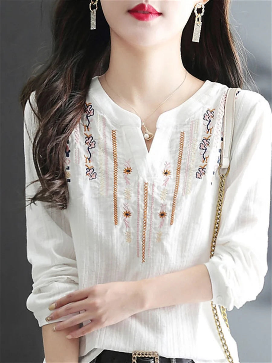 Women Spring Autumn White Blouses Tops Lady Casual Embroidery V-Neck