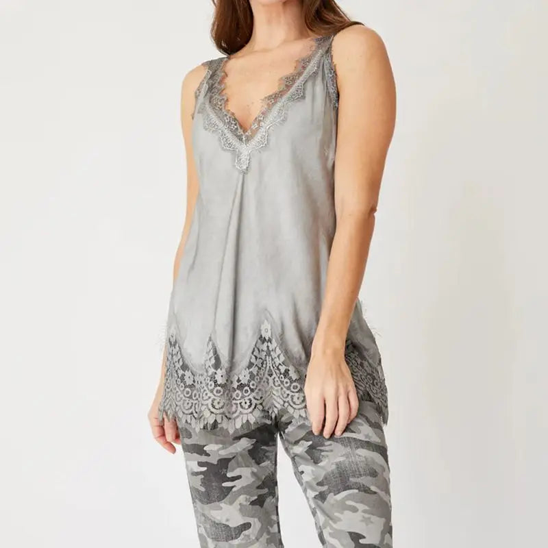 Women Y2k Satin Lace Trim Patchwork Camisole Silk Spaghetti Strap