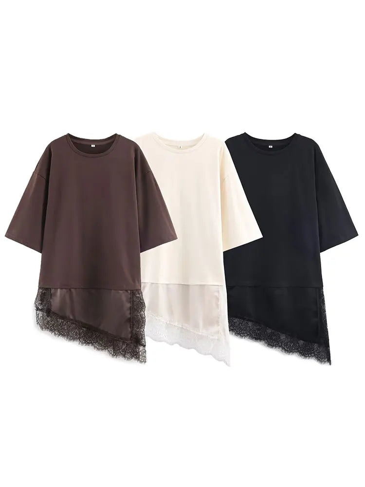 HH Women Vintage Solid Lace Patchwork T-Shirts Asymmetrical Hem O Neck