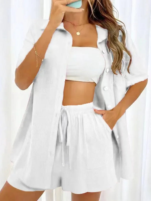 2 Pieces Women Sets Summer Solid Color Short Sleeve Open Stitch Button