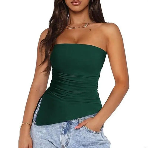 50LE Women Off Shoulder Tube Top Strapless Ruched Asymmetrical Split
