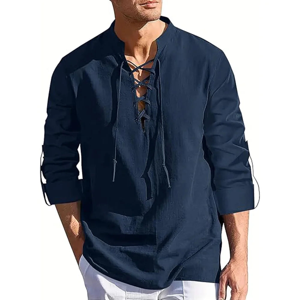 Mens Long Sleeve Pirate Henley Collar Shirts Drawstring Cotton Linen