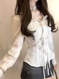 Women Sweet Bandage Lace Patchwork White Blouses Korean Chic Slim Fit
