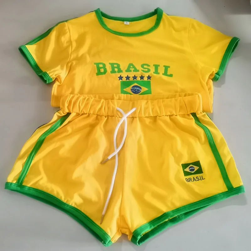 2000s Aesthetic BRASIL Letter Print T-Shirt Shorts Suit Women Vintage