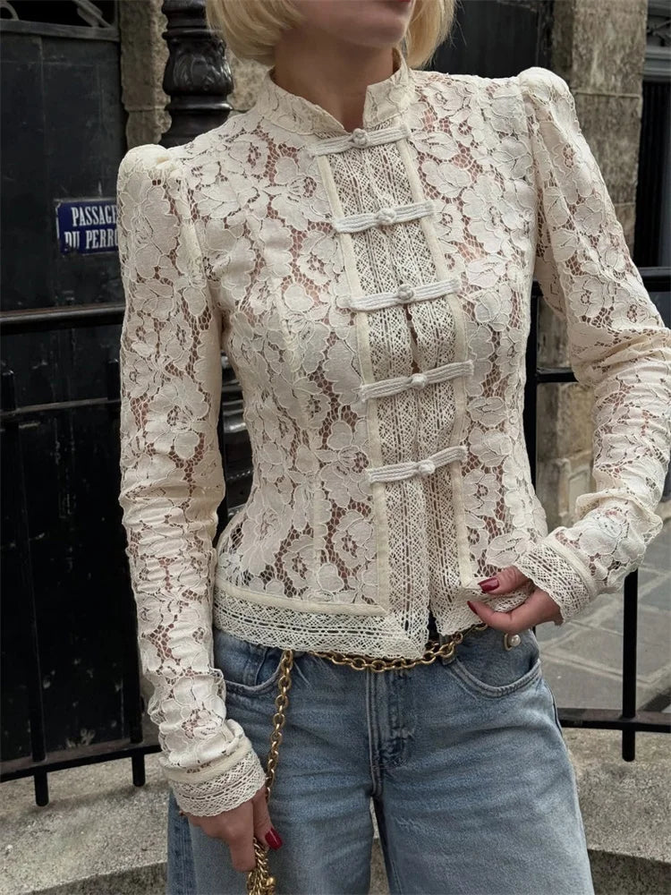 Tossy Summer Lace Printed Shirts Tops Female Hollow Out Fashion