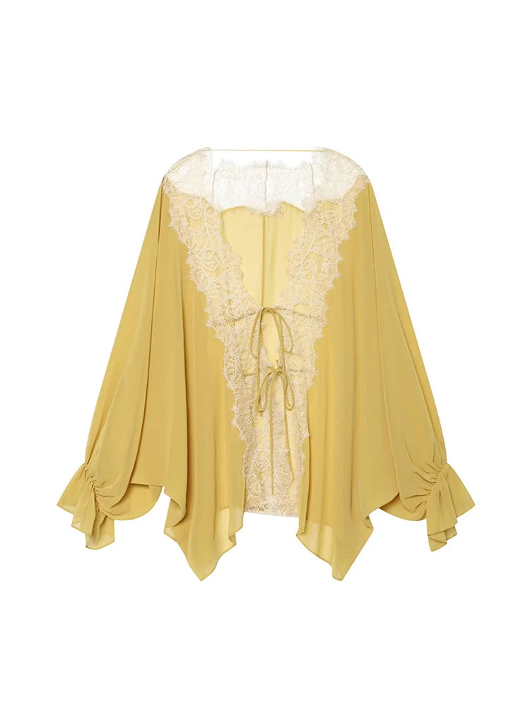 TFMLN Women Lace Patchwork Lantern Long Sleeve Shirt Top Tie-up Loose