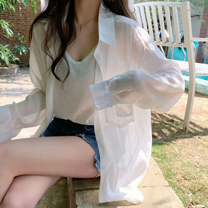 Xpqbb White Shirts for Women Summer Thin Holiday Beach Long Sleeve Sun