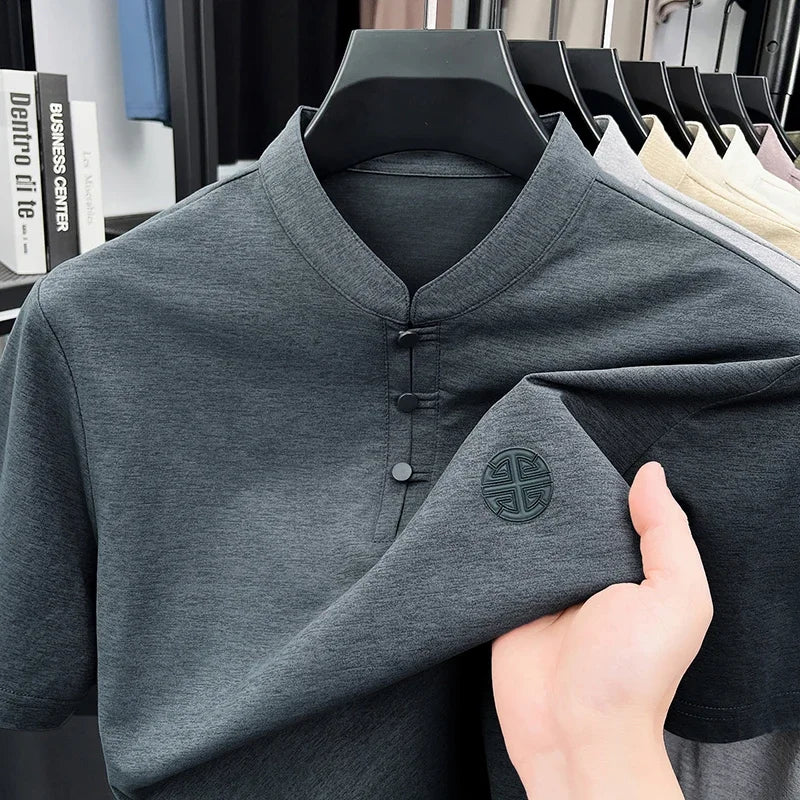 Men's Mandarin Collar Short Sleeve T-Shirt Casual Chinese Style Button