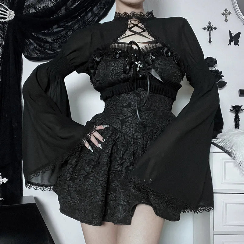 Goth Dark Elegant Lace Up Mall Gothic Crop Shrug Tops Grunge Chiffon