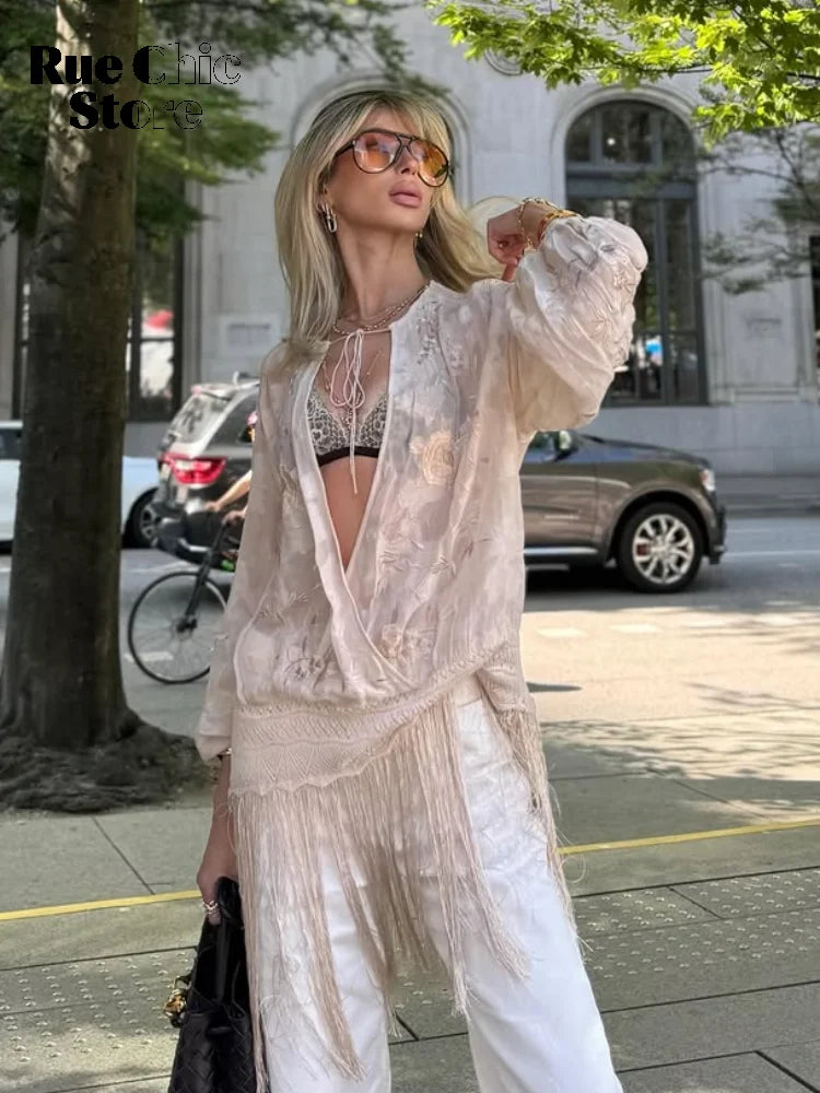 Beige Embroidered Long Tunic Tops Women Chic V Neck Long Sleeves Lace