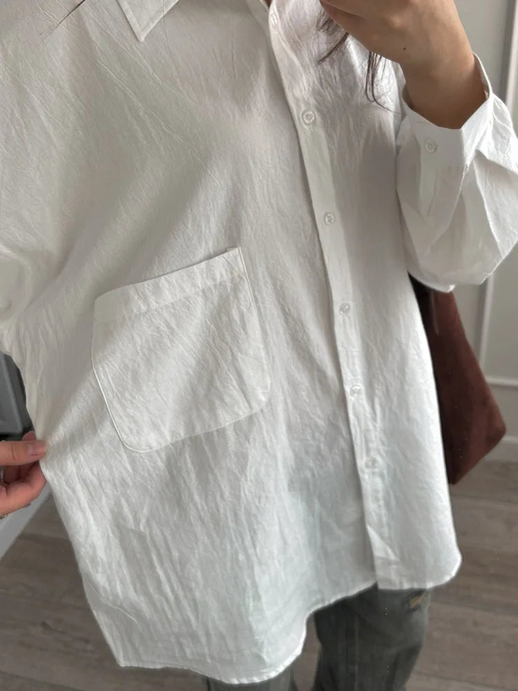 White Basic Oversized Button Up Shirts Women Summer Cotton Office Wear