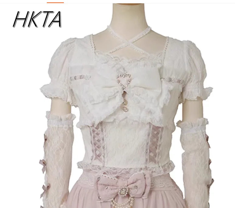 Japanese Sweet Heavy Industry Splicing Sleeve Strap Lace Bow Lace