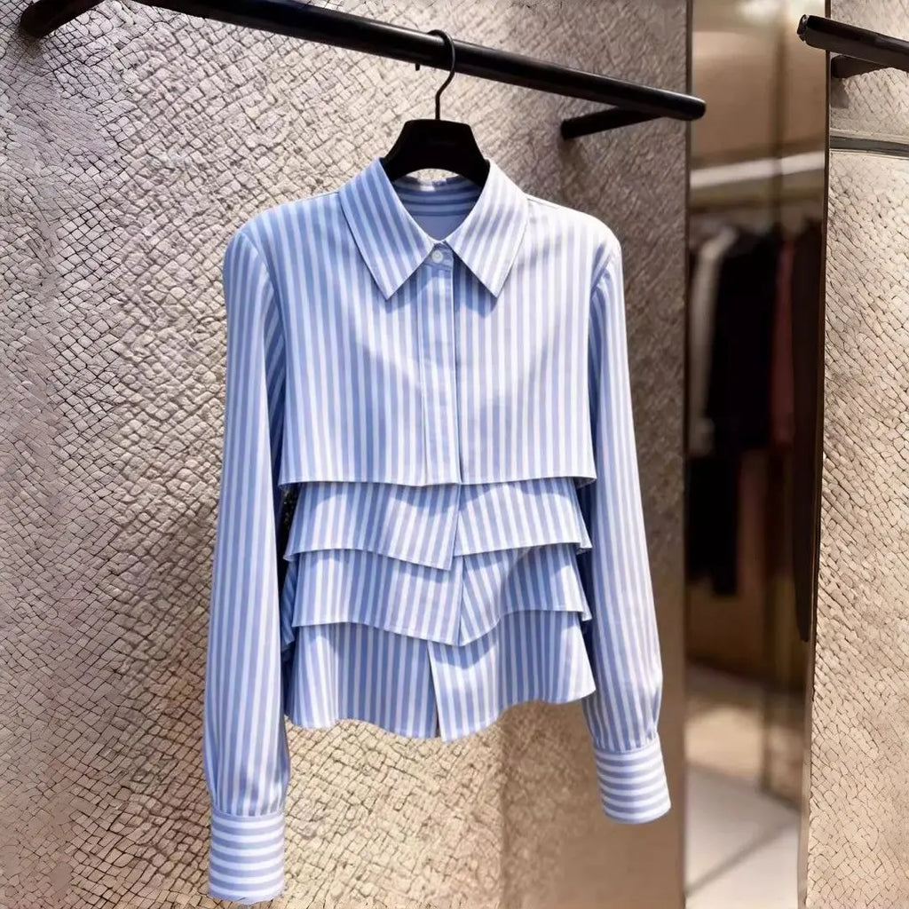 Elegant Tiered Ruffle Striped Blouse - Point Collar Long Sleeve