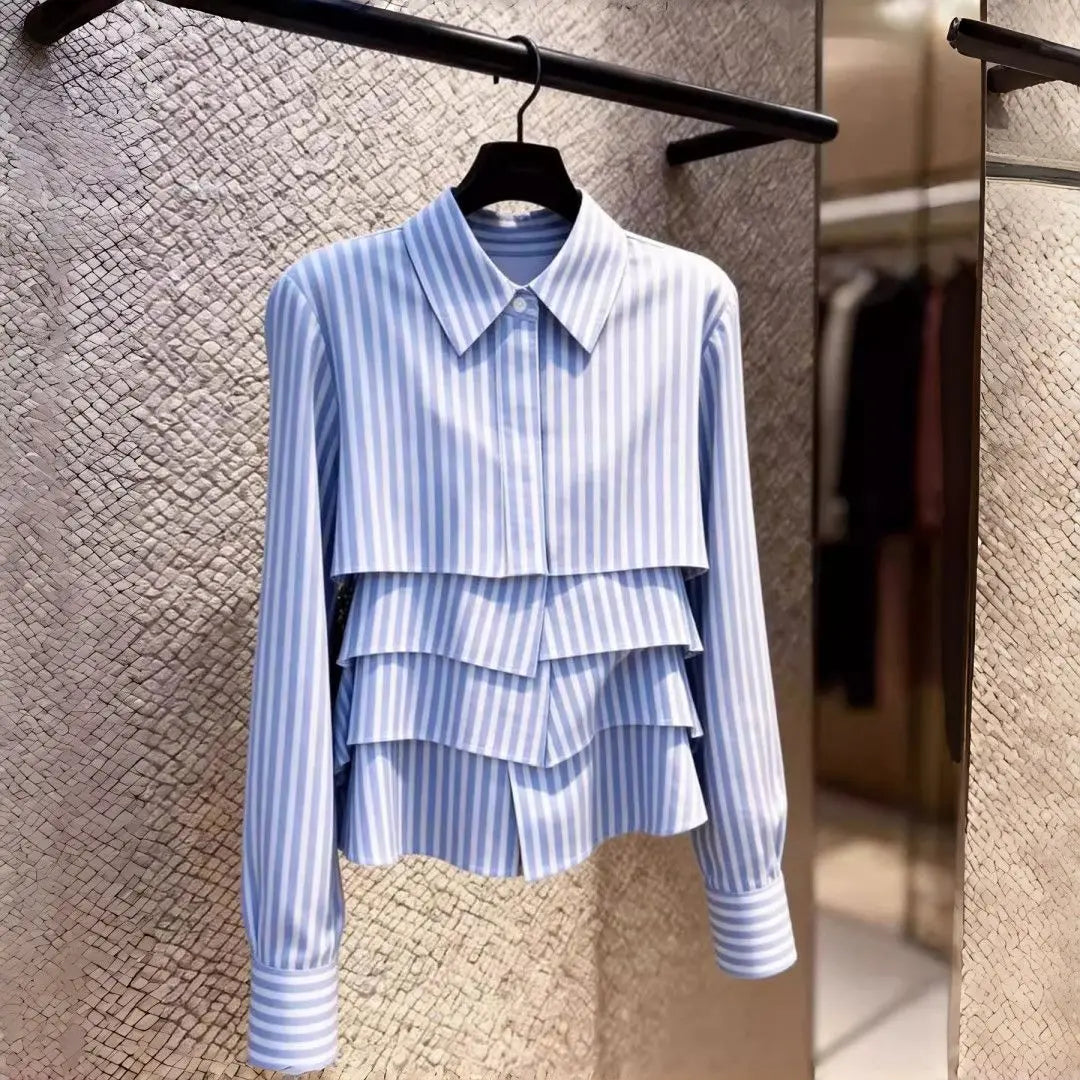 Elegant Tiered Ruffle Striped Blouse - Point Collar Long Sleeve