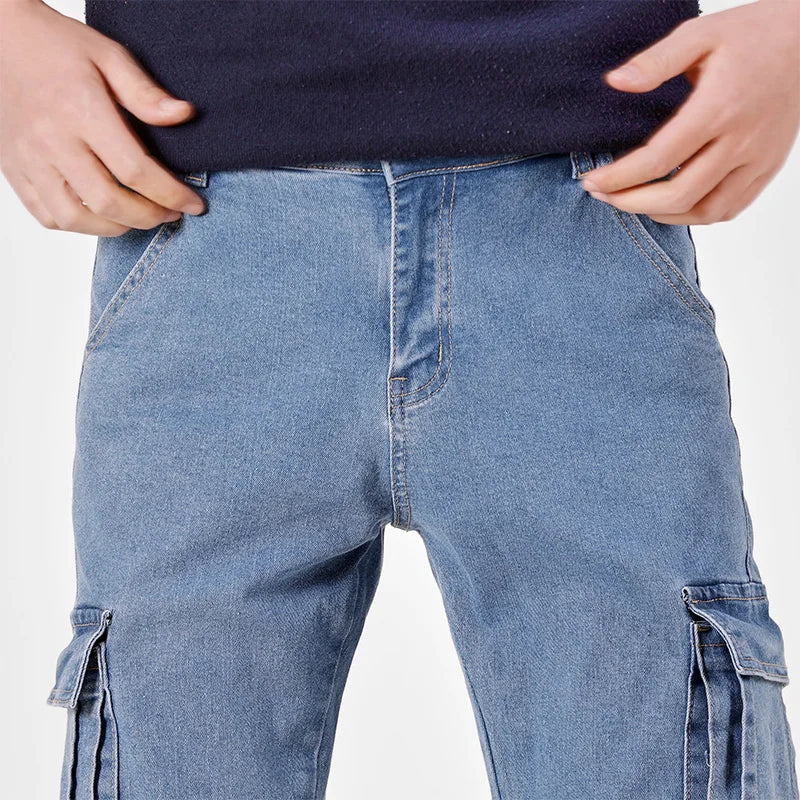 Men's Street Style Elastic Waist Denim Cargo Pants Solid Color Washed
