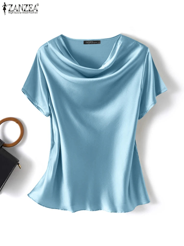ZANZEA Summer Fashion Satin Blouse Women Short Sleeve Solid Shirt