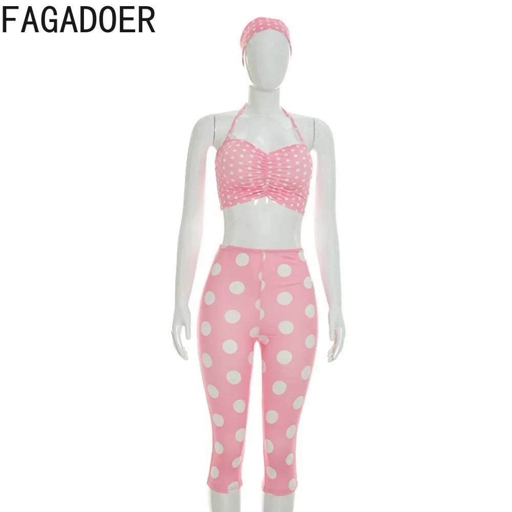 FAGADOER Cute Pink Polka Dot Shorts Two Piece Sets Fashion Lace-up