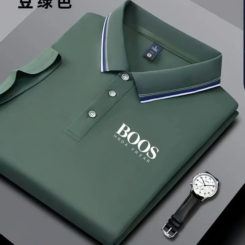 Men's business casual Polo shirt with striped collar and letter