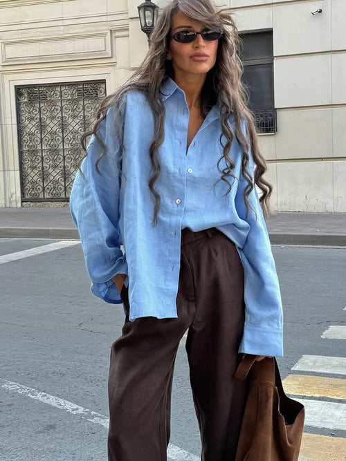 Spring Women's Linen Shirts Long Sleeve White Lapel Casual Solid