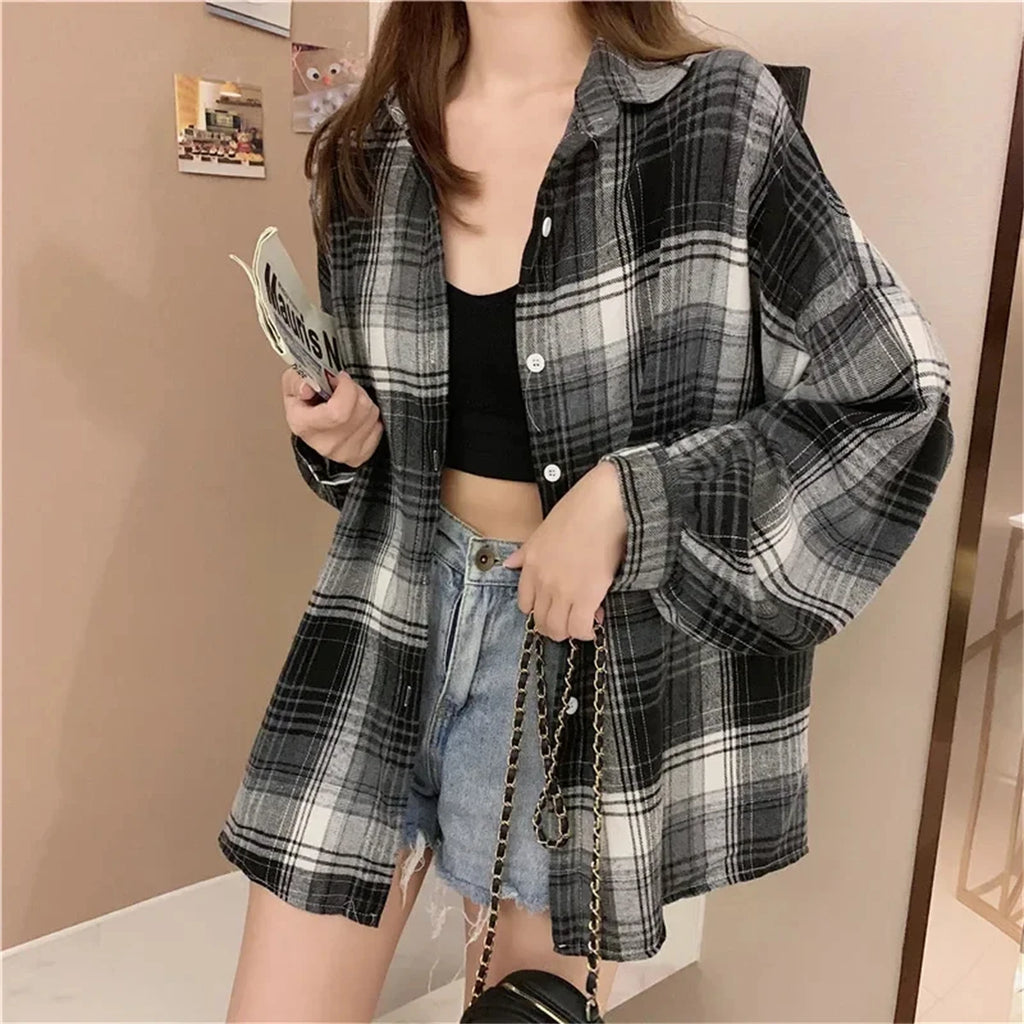 Korean Plaid Blouses for Women Fashion Long Sleeve Check Shirt Ladies