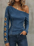 Retro Denim Off-shoulder Top for Women Oblique Collar Long Sleeve
