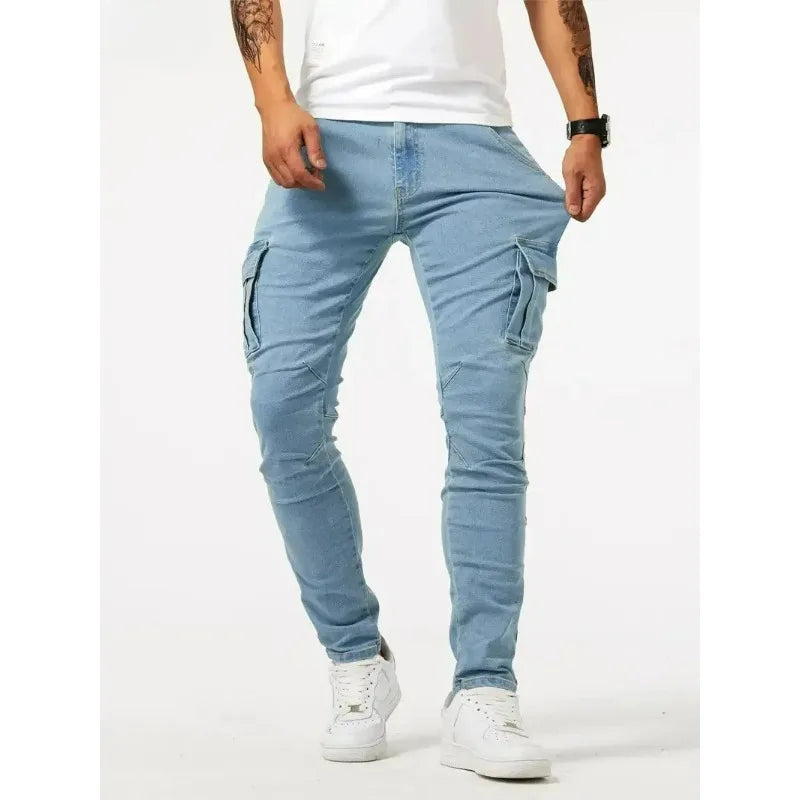Street Elastic Jeans Men Denim Cargo Pants Wash Solid Color Multi