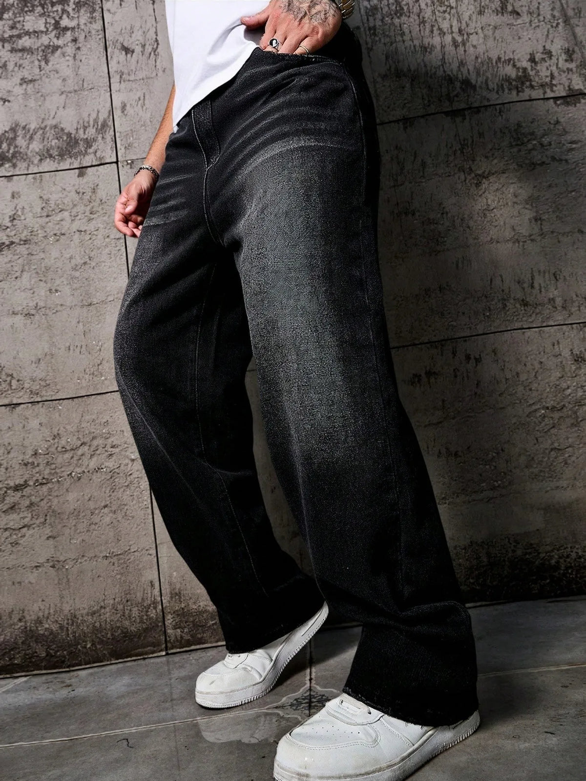 1pc Vintage Style Men's Black Washed Distressed Loose Wide Leg Relaxed