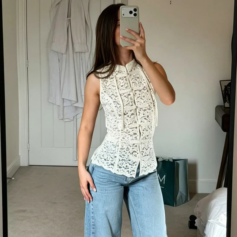 Women's Lace Tops Summer White Sheer Sleeveless Stand Collar Vest For