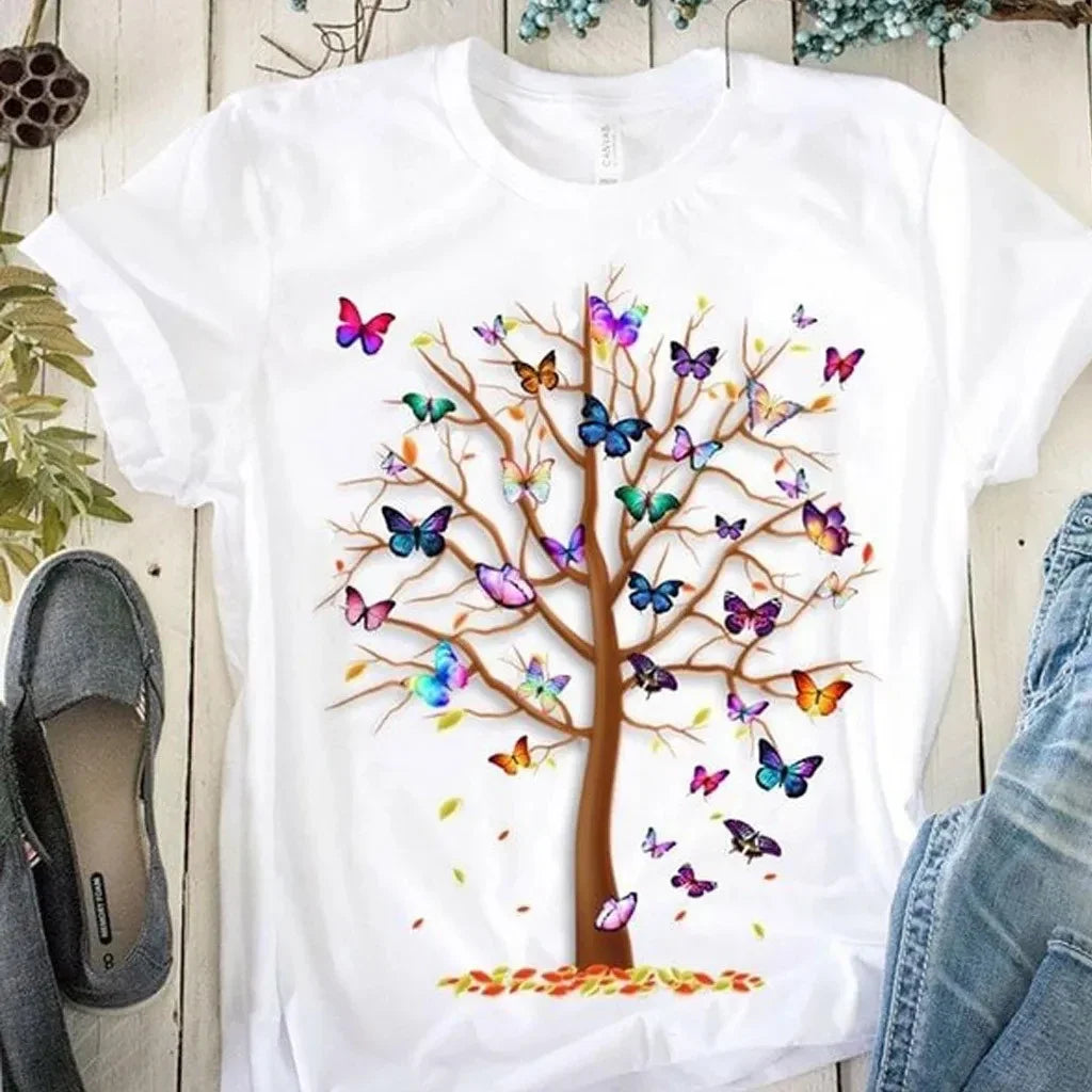 Women's Butterfly Tree Print Harajuku T-Shirt Round Neck Top Short