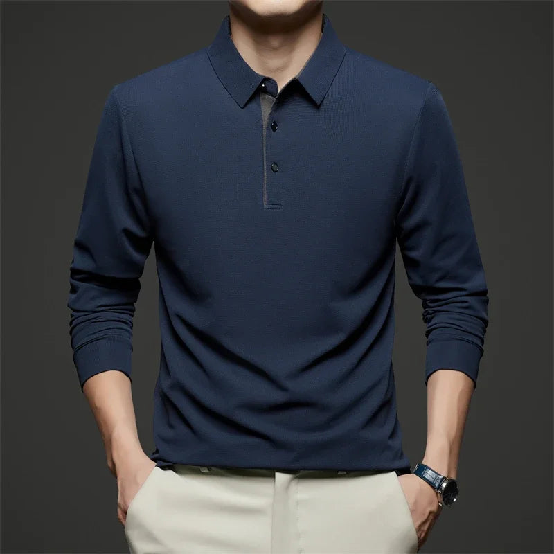 New Men's Business Casual  Long Sleeve Solid Color Polo Shirt