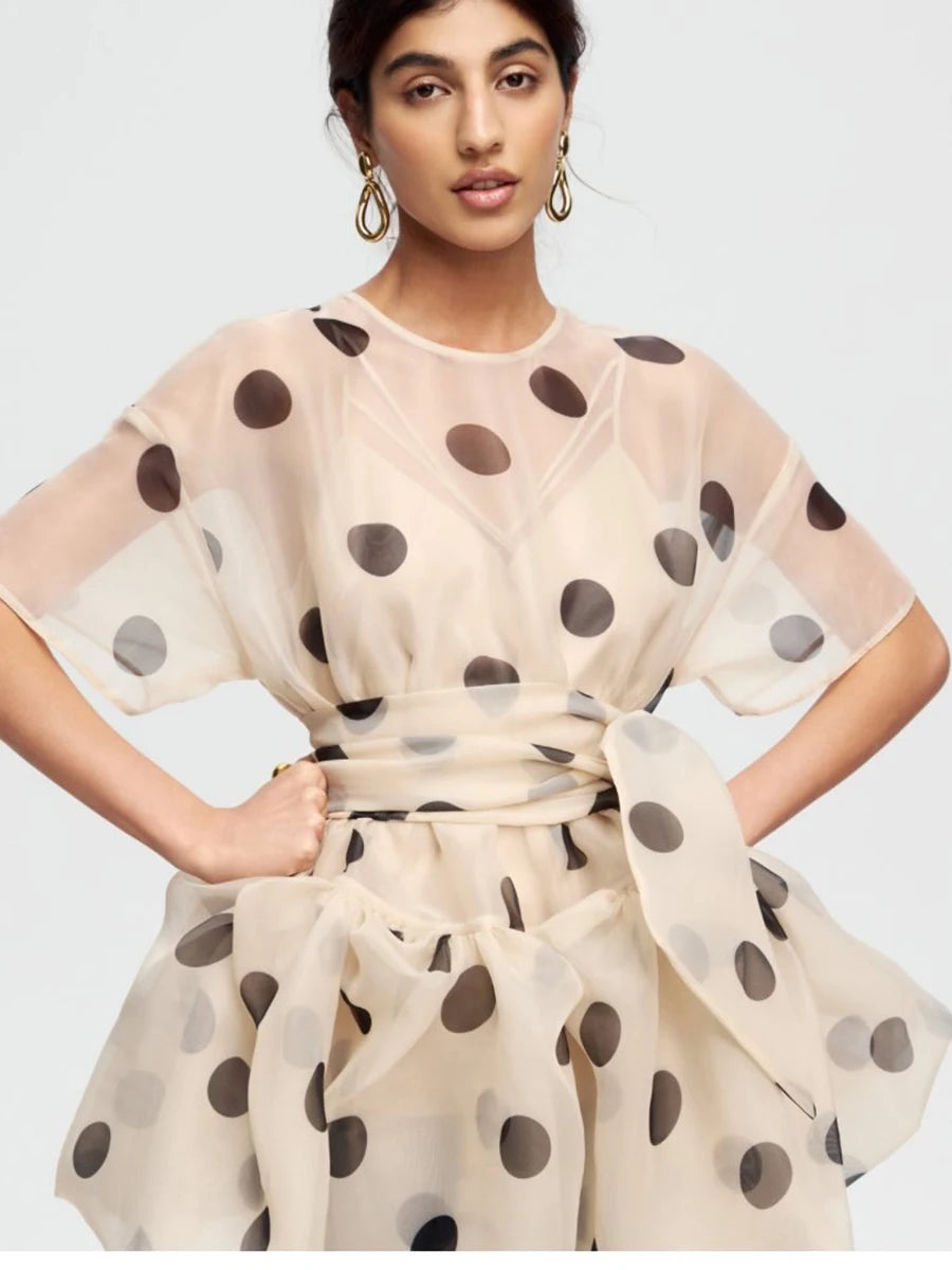LIMO Women Sheer Organza Polka Dot Blouse Loose Short Sleeve Ruffle
