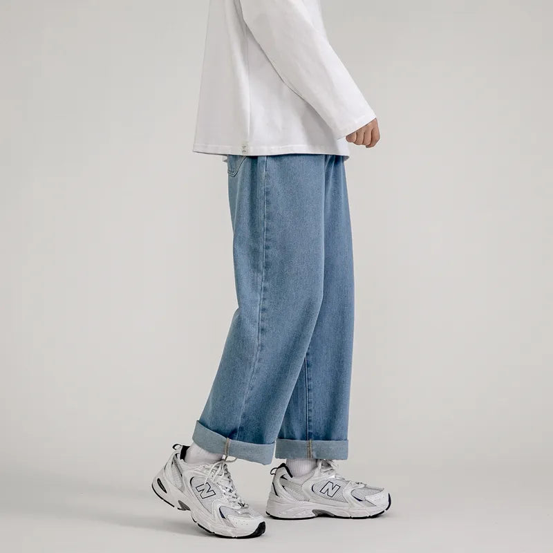 Korean Fashion Men's Baggy Jeans Classic All-match Solid Color