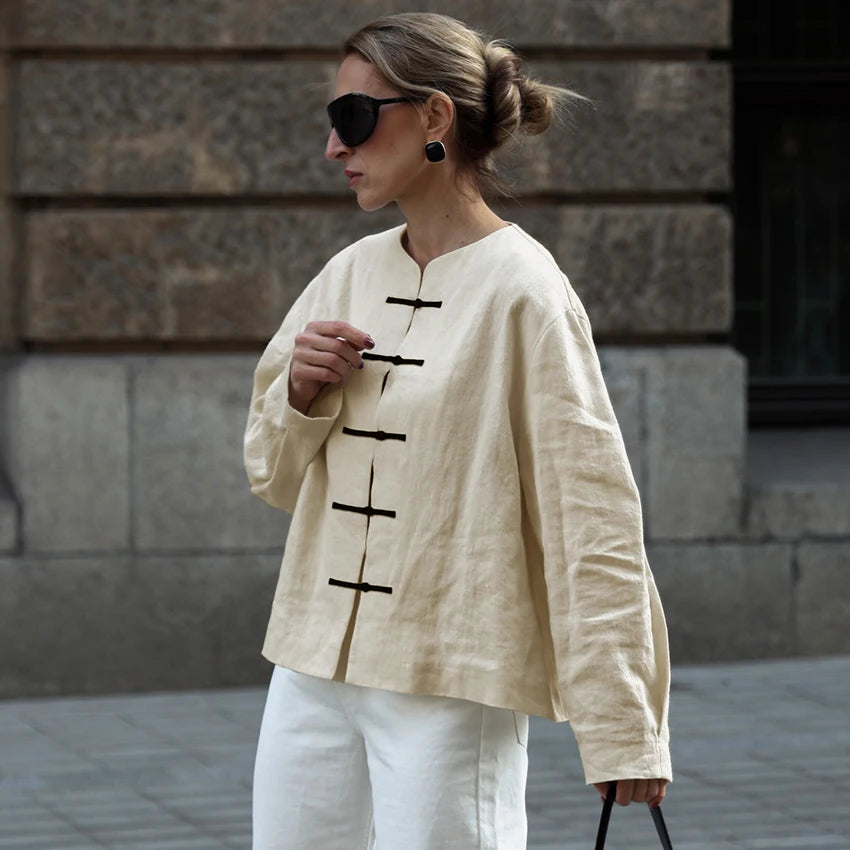 Linad Chinese Style Beige O Neck Shirts Female 2026 Vintage Single