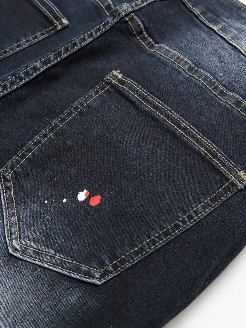 Men y2k Stretchy Denim jeans Ripped Skinny Letter Print elastic waist