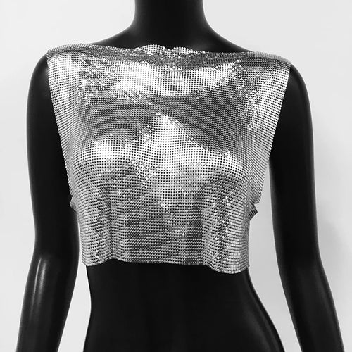 2024 New Shiny Metal Sequins Tank Top Sexy Round Neck Backless