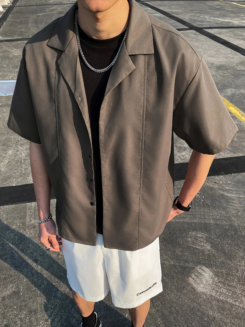 Men's Cuban Collar Casual Short Sleeve Shirt, Summer Solid Color Loose