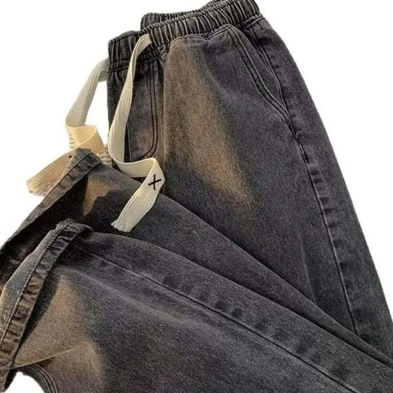 Men's Winter Loose Jeans Elastic Waist Wide Leg Y2K Denim Pants