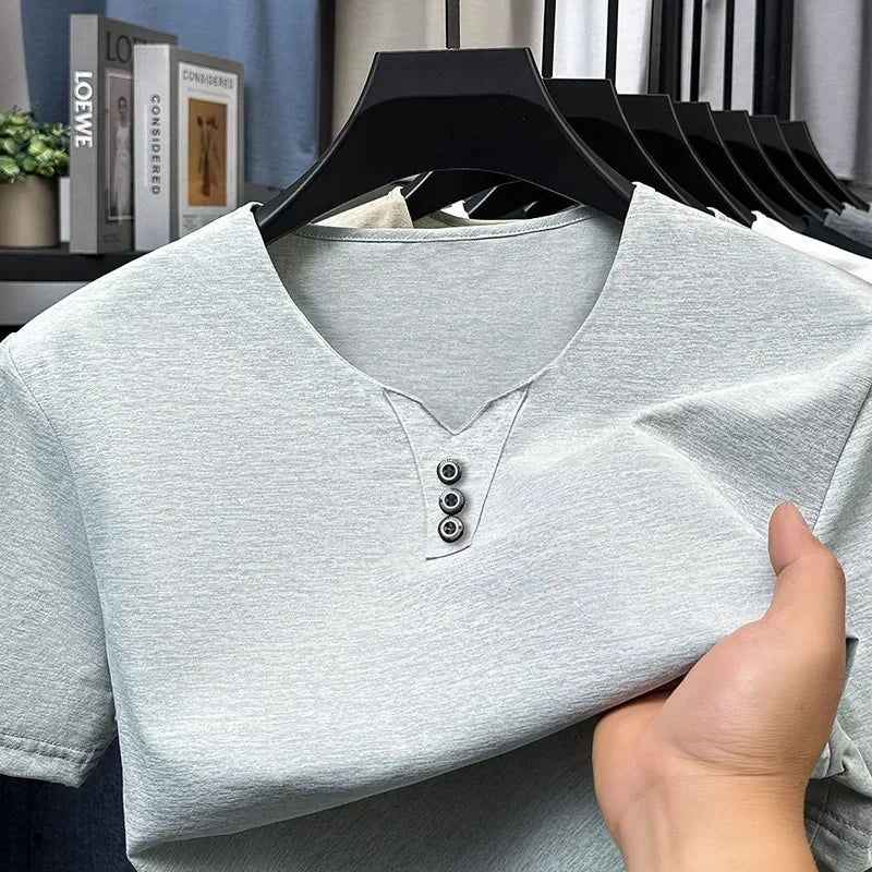 2026 New Men's Business Casual Three Button V-neck Short Sleeved