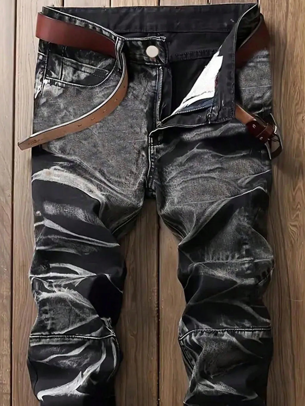 Men's Jeans Black And White Slim Fit Stretch Denim Pants Casual Mid