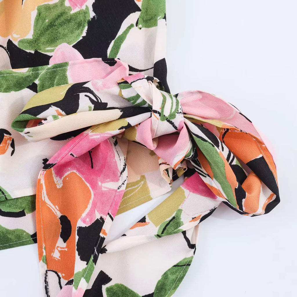 Women's Floral Print Padded Shoulder Blouse Female Chic Waist Lace-Up