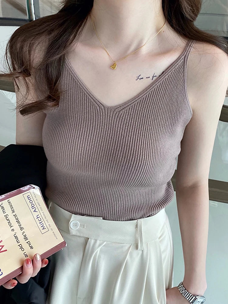 Korea Summer Tops 2026 New Solid V-Neck Elastic Knitted Suspender