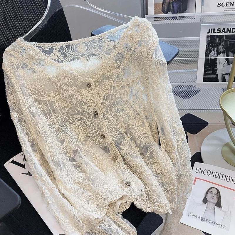 Vintage Summer Lace Sun Shirts Women White Blouses 2026 See Through
